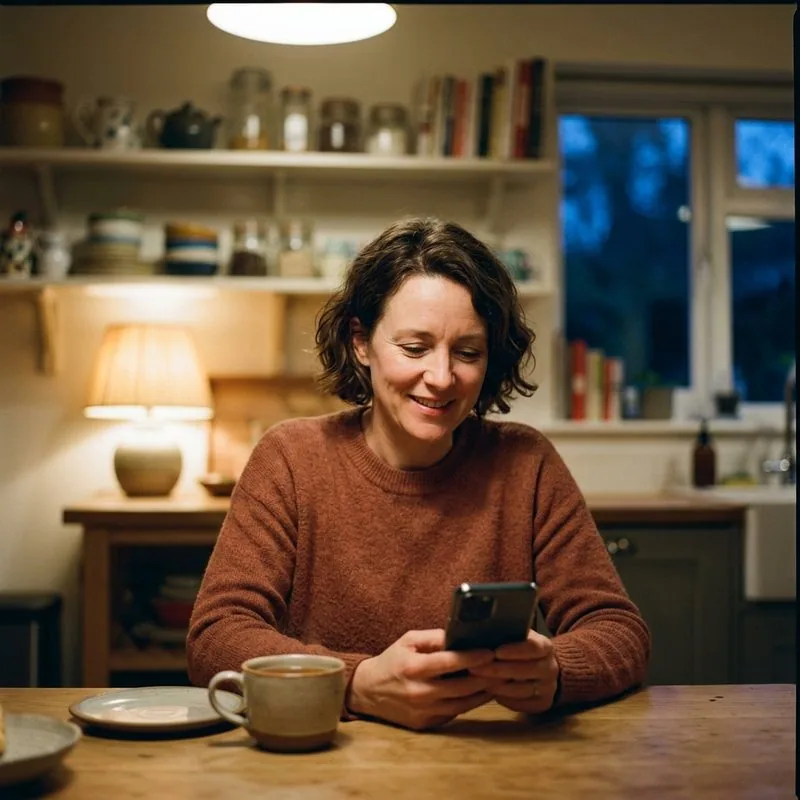 A woman sits at the kitchen table, smiling at her phone