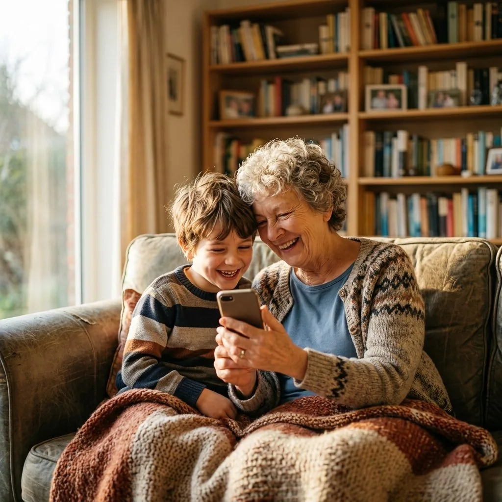 A grandmother and her grandson laughing together at photos on a phone