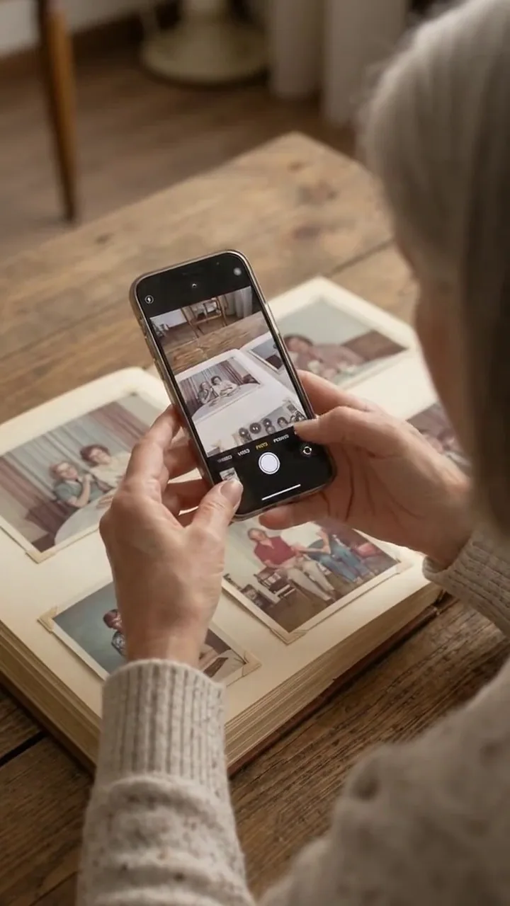 Hands holding a phone over an open album page