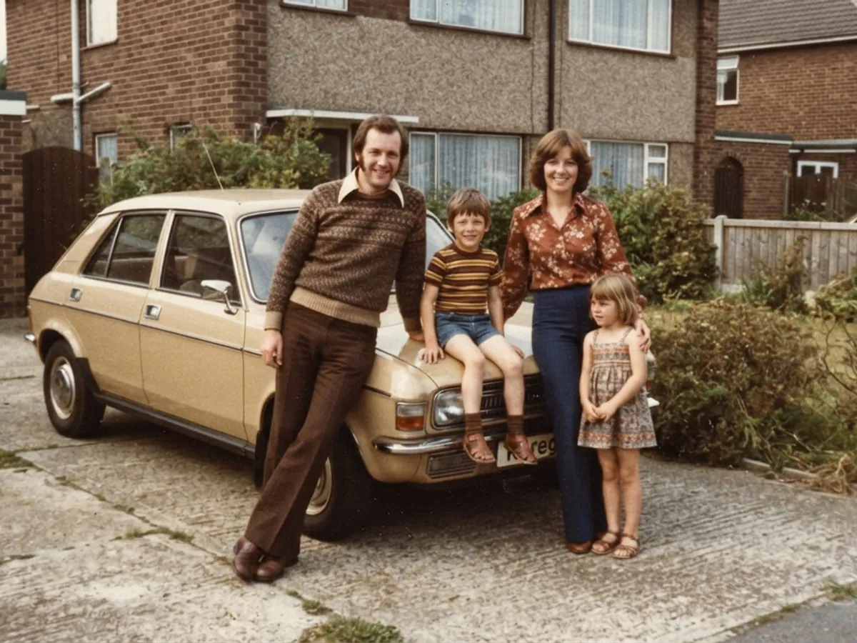 A family in front of a new beige car in the driveway, father leaning proudly on the hood, 1970s color photo