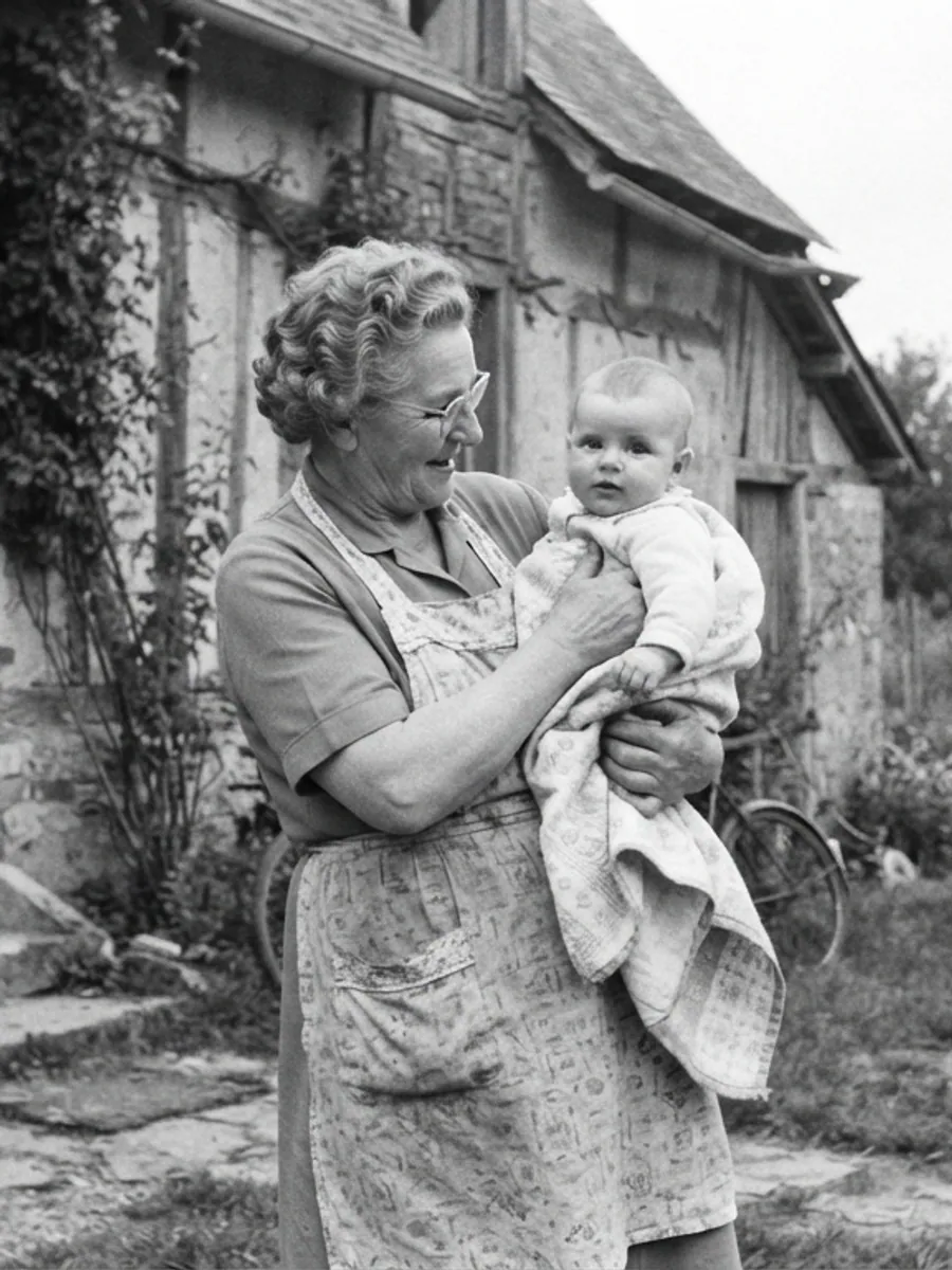A grandmother in an apron holding a baby in front of a farmhouse, 1950s black-and-white photo