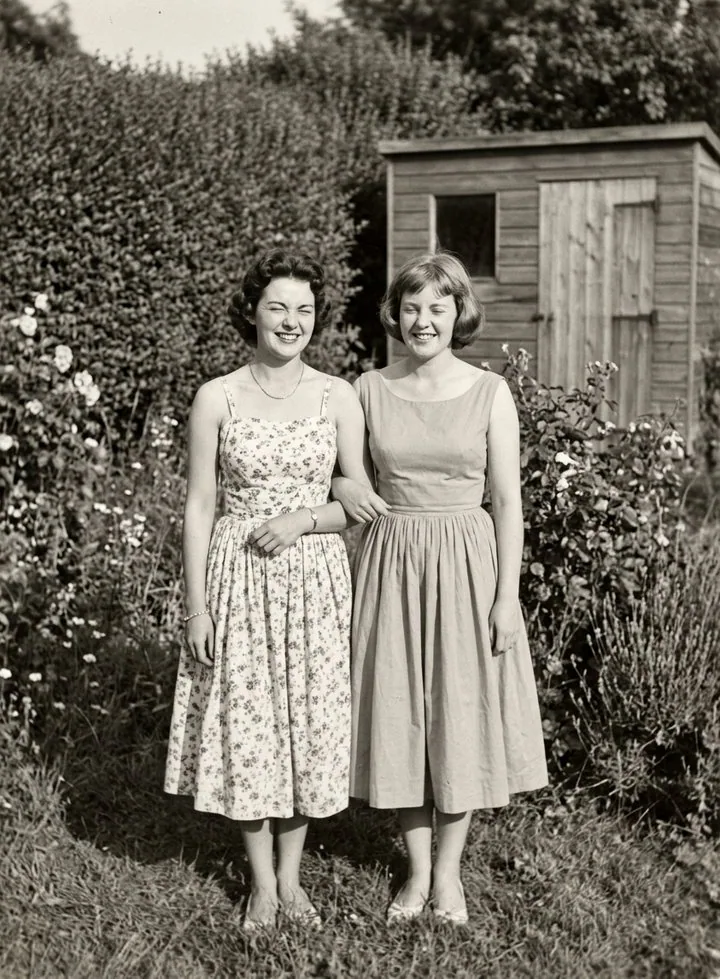 Two young women in 1950s summer dresses in a garden