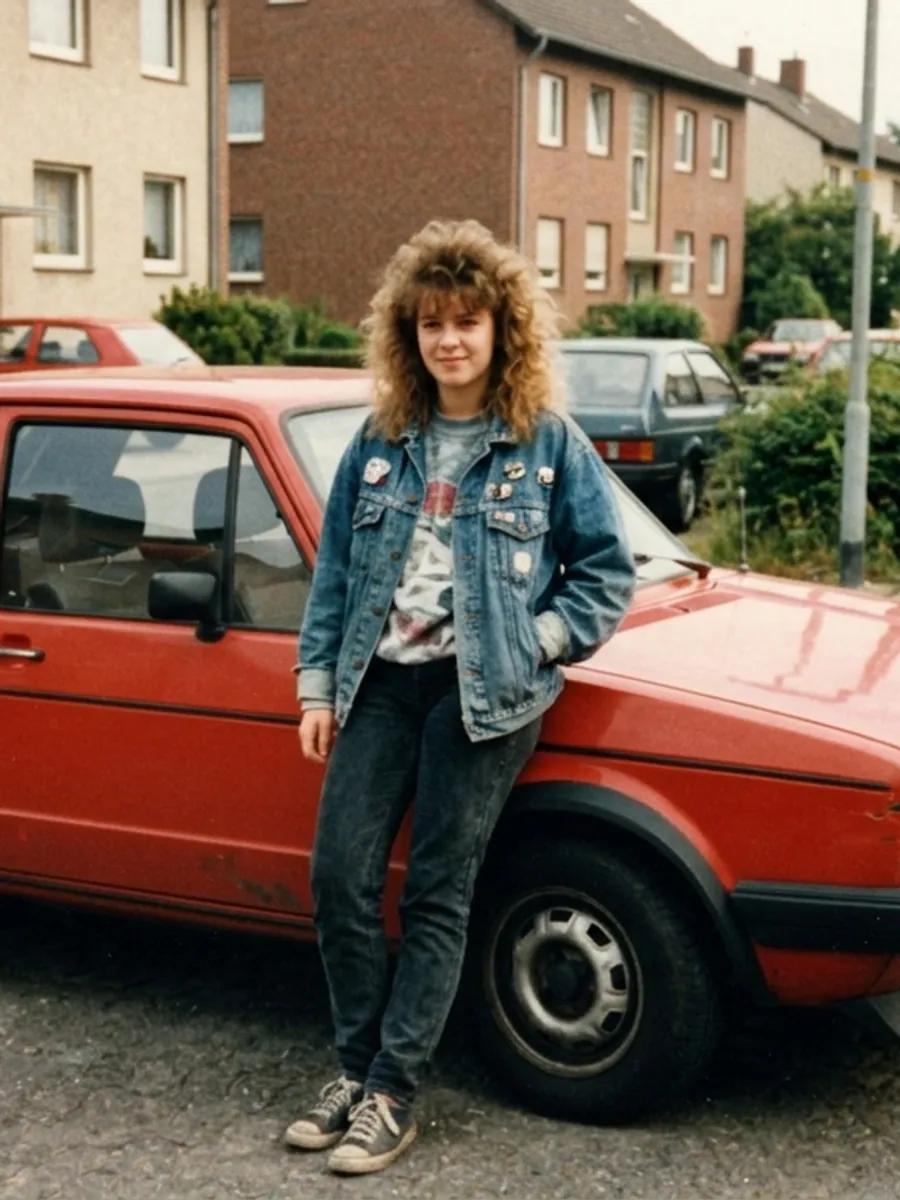 A teenage girl with permed hair and a denim jacket leaning on a red VW Golf, 1980s color photo