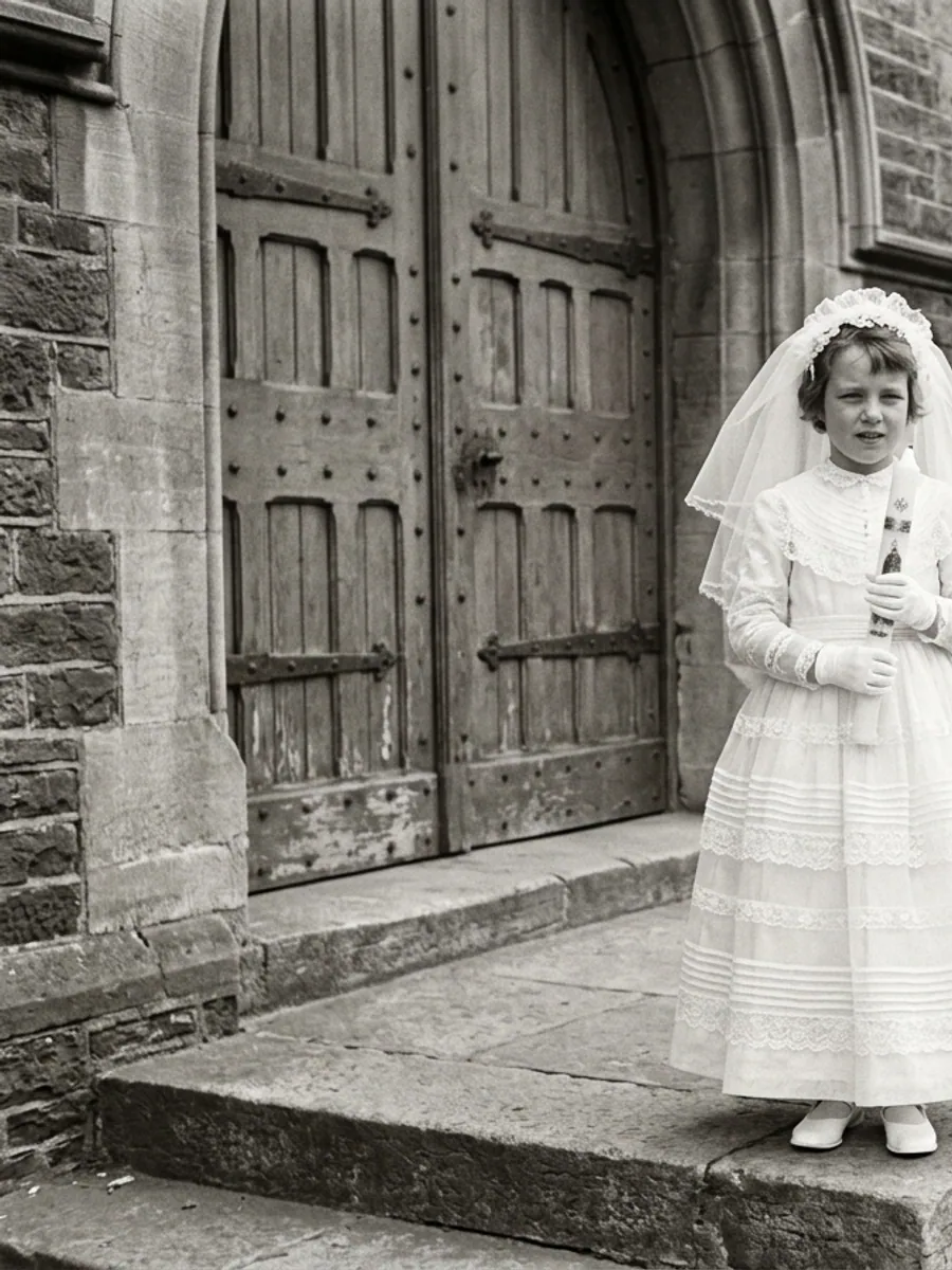 A girl in a white dress with a candle in front of a church door, 1960s black-and-white photo