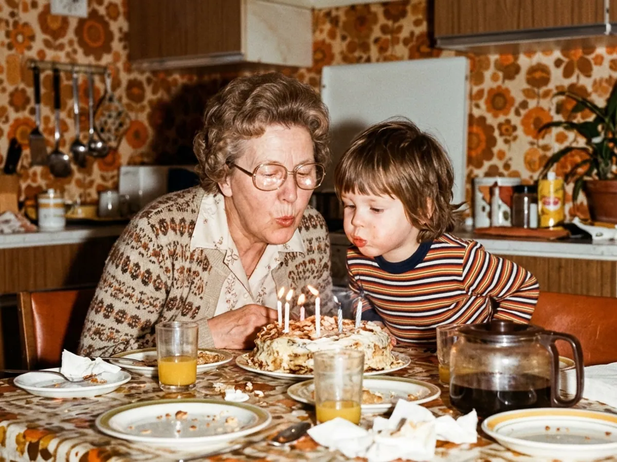 Grandmother and grandchild at the kitchen table with a birthday cake, orange wallpaper, 1970s color photo