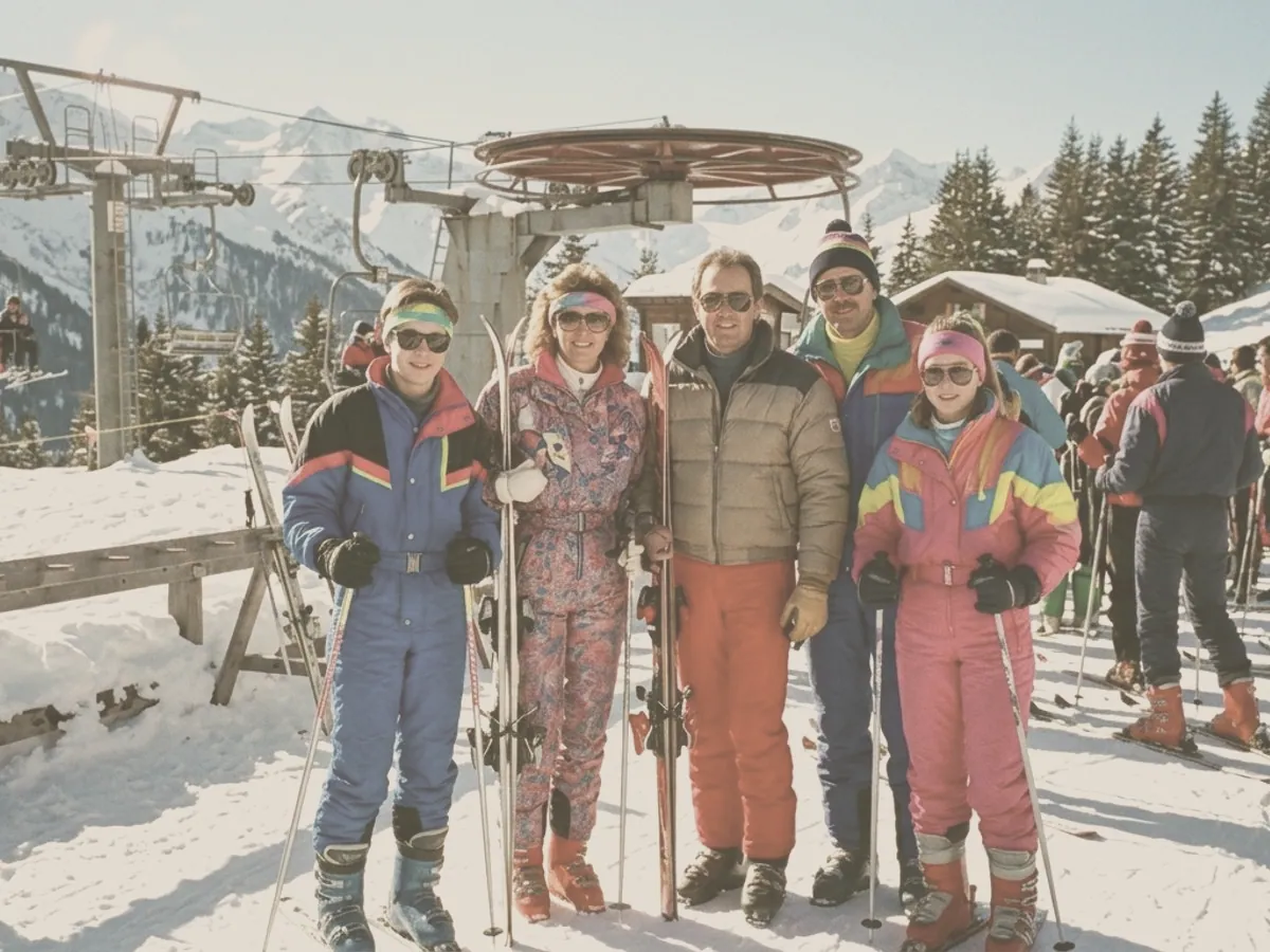 The same ski photo faded with a yellow tint, as it lies in the album