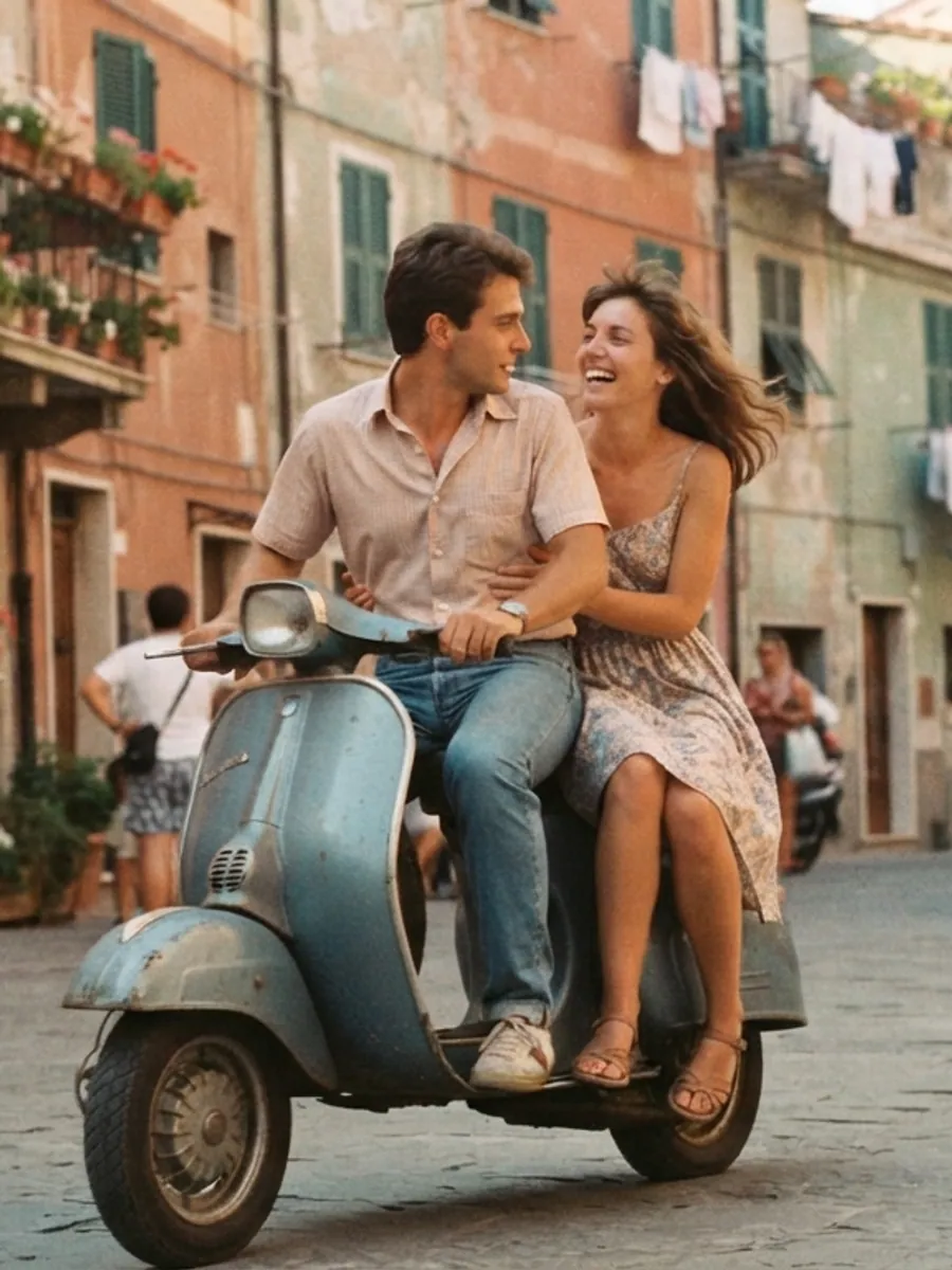 A young couple on a scooter in an Italian alley, 1980s color photo