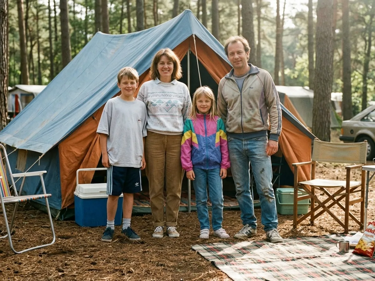 A family of four in front of a tent in a pine forest, folding chairs and cooler, 1980s color photo