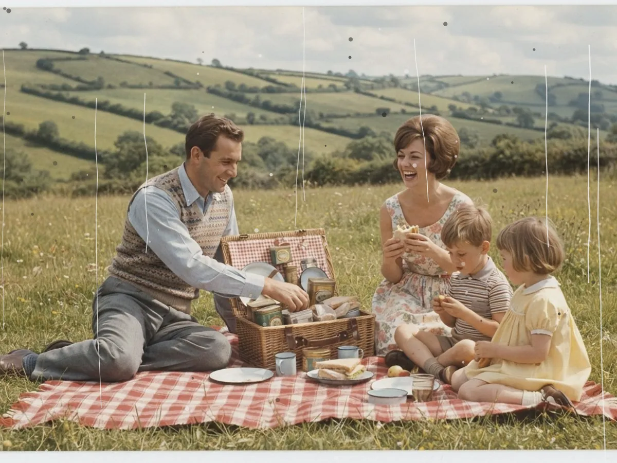 An old photo of a family picnic on a meadow, with scratches and dust